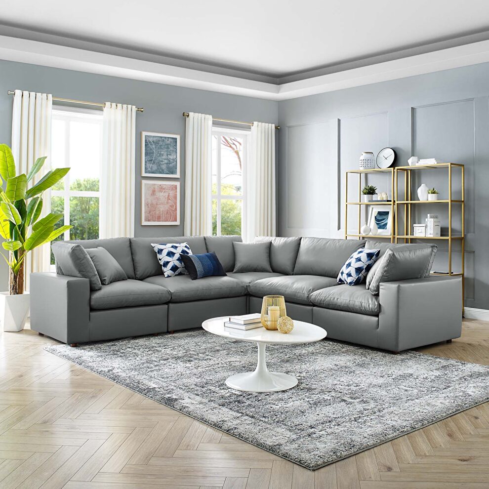 Down filled overstuffed vegan leather 5-piece sectional sofa in gray by Modway