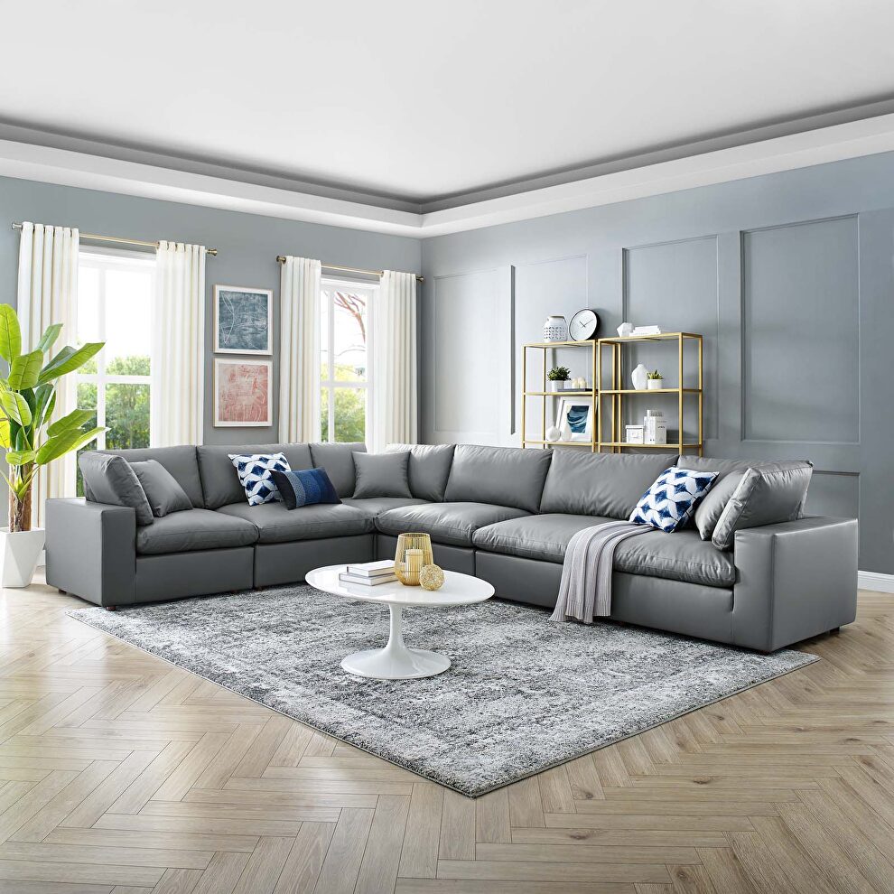 Down filled overstuffed vegan leather 6-piece sectional sofa in gray by Modway
