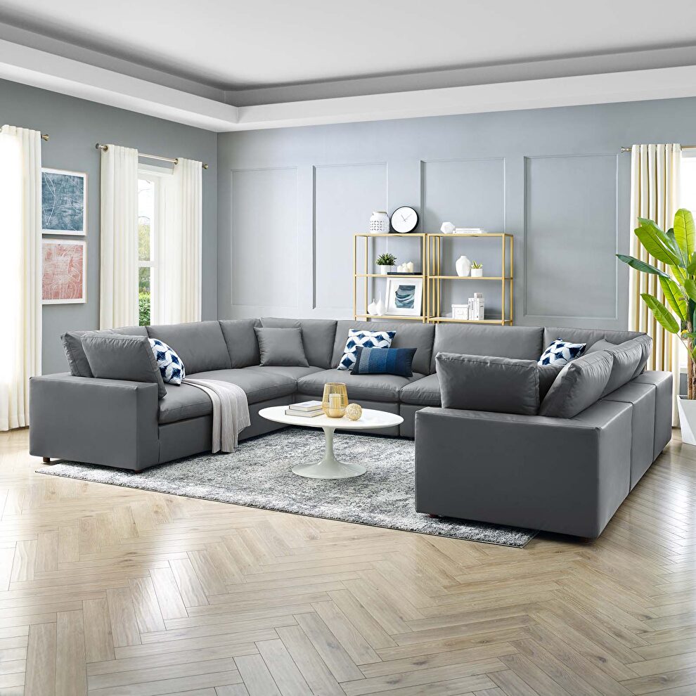 Down filled overstuffed vegan leather 8-piece sectional sofa in gray by Modway