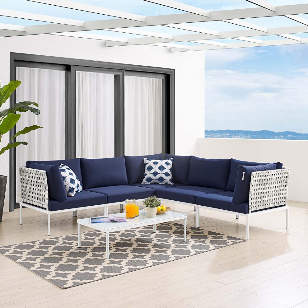 6-piece sunbrella® basket weave outdoor patio aluminum sectional sofa set in taupe/ navy by Modway