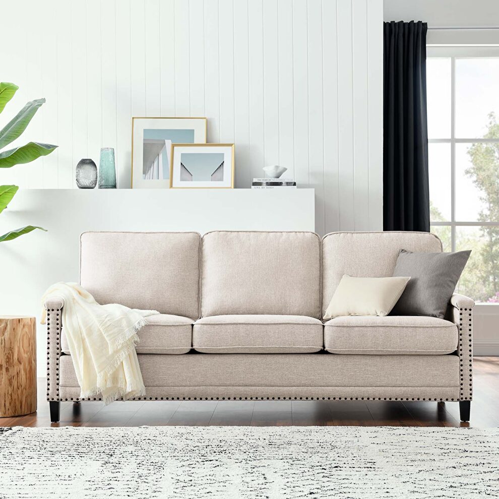 Upholstered fabric sofa in beige by Modway