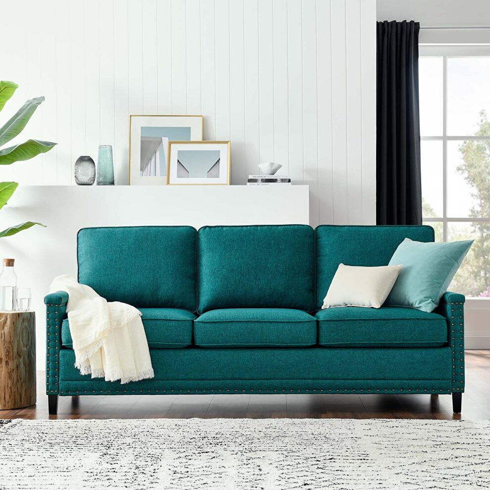 Upholstered fabric sofa in teal w/ nailhead trim by Modway
