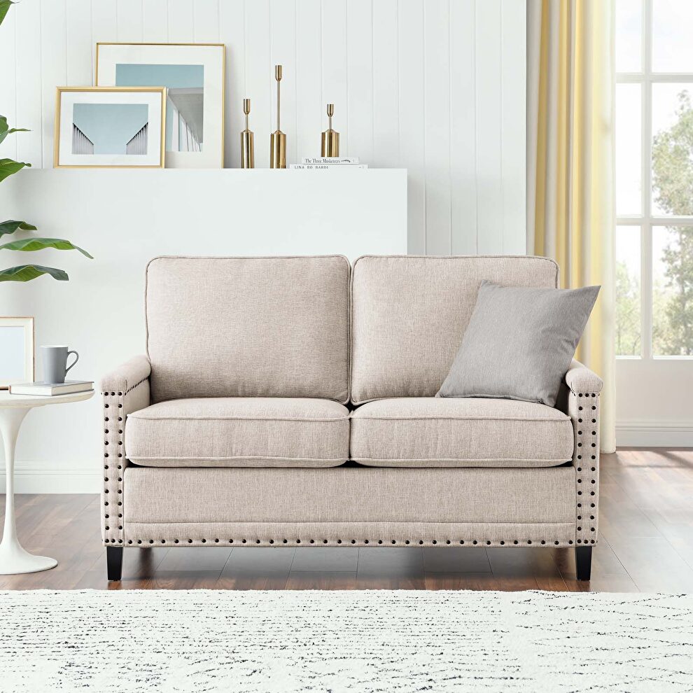 Upholstered fabric loveseat in beige by Modway