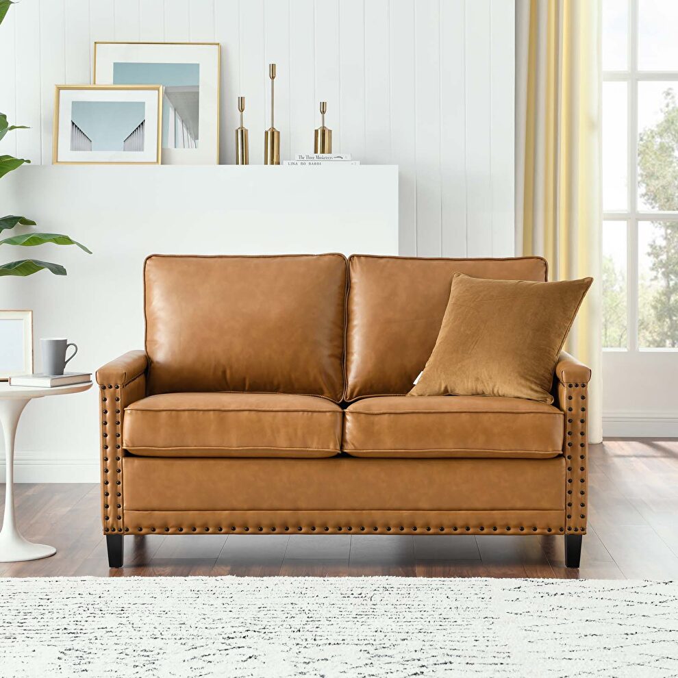 Upholstered vegan leather loveseat in tan by Modway