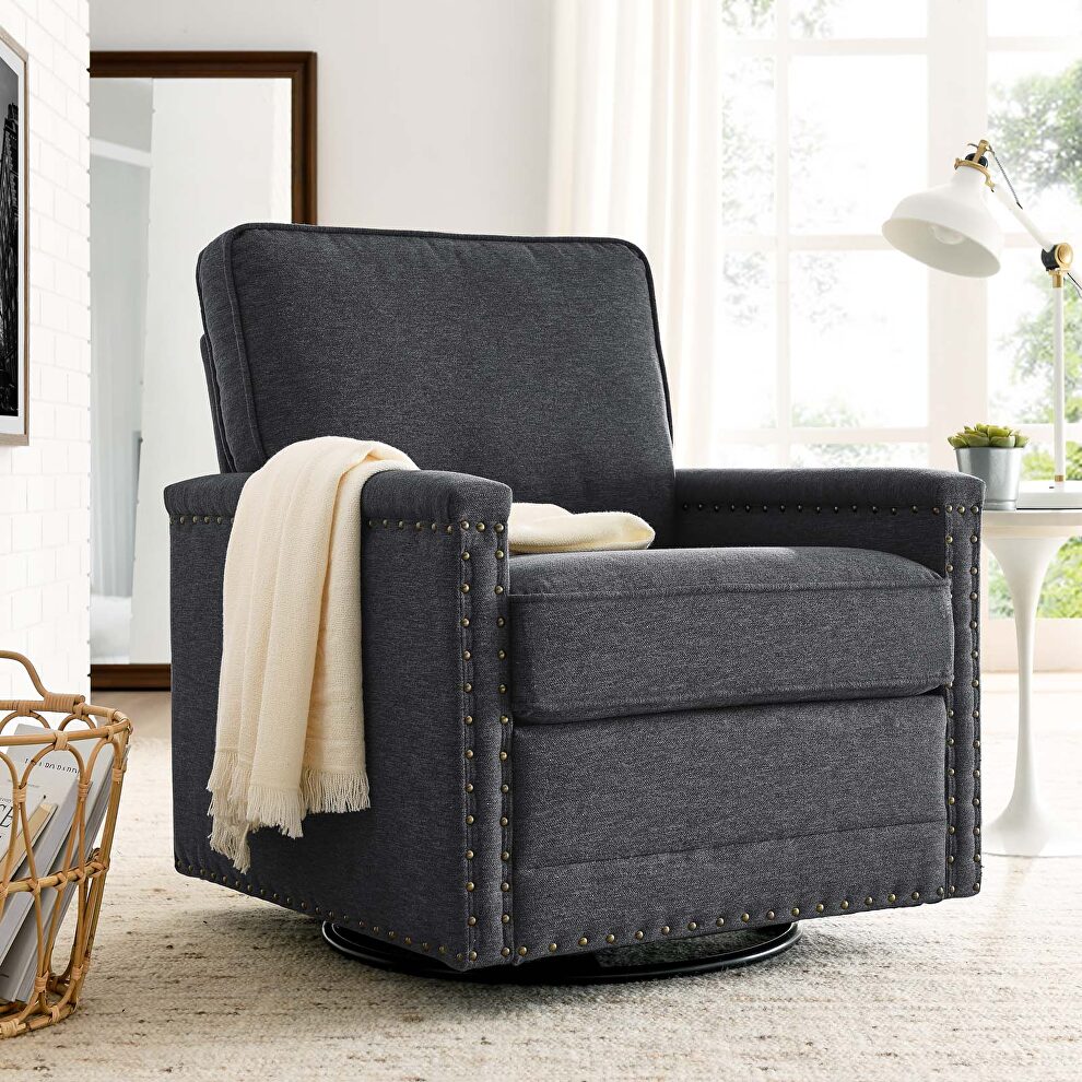 Upholstered fabric swivel chair in charcoal by Modway