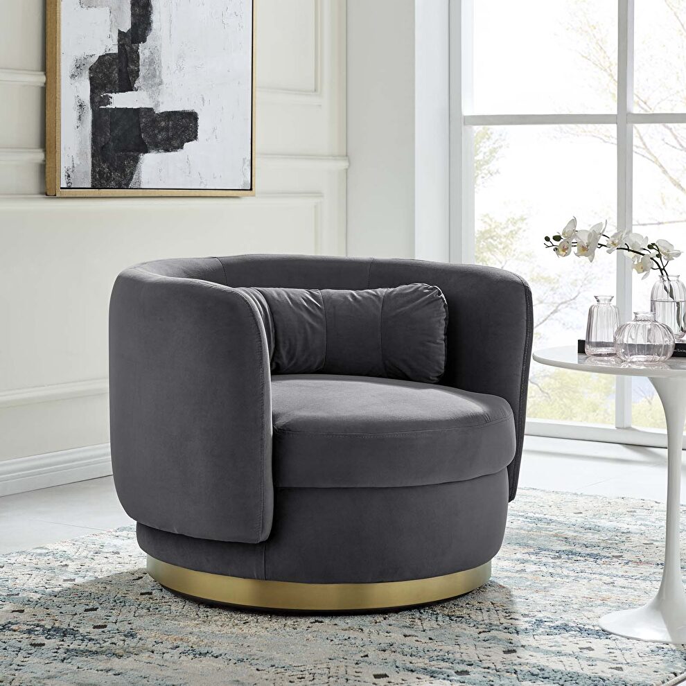 Performance velvet upholstery swivel chair in gold/ gray finish by Modway