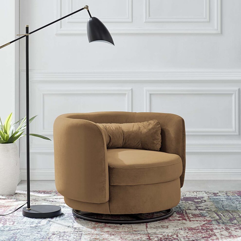 Performance velvet upholstery swivel chair in black/ cognac by Modway
