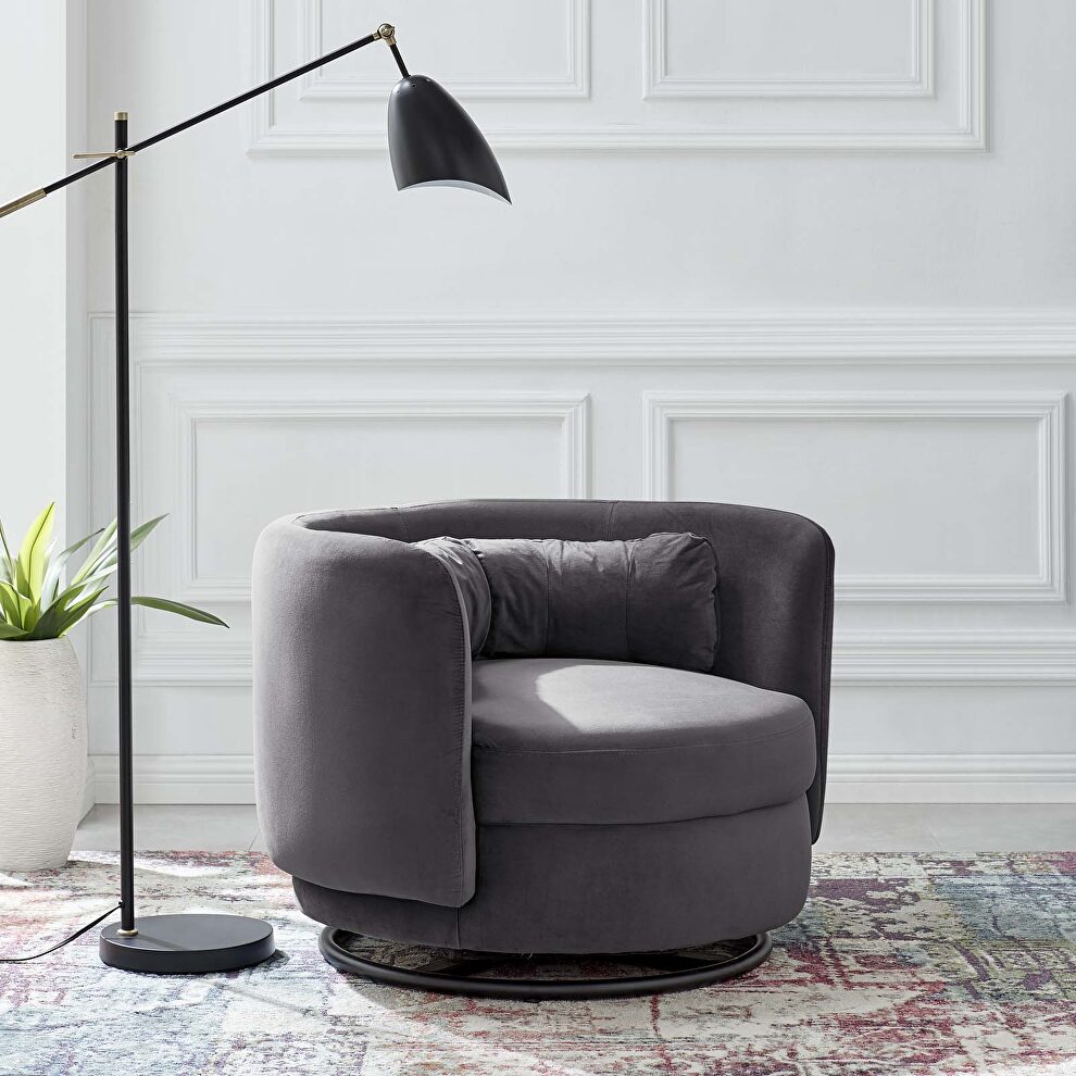 Performance velvet upholstery swivel chair in black/ gray finish by Modway