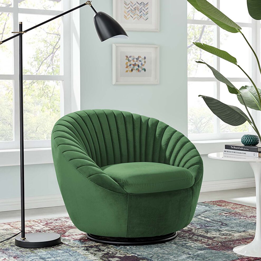 Tufted performance velvet swivel chair in black/ emerald by Modway