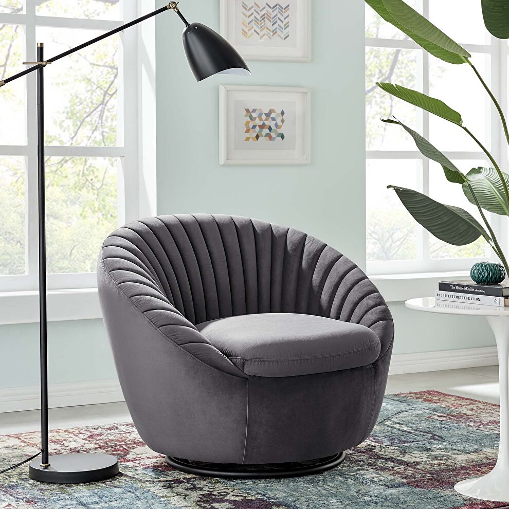 Tufted performance velvet swivel chair in black/ gray by Modway