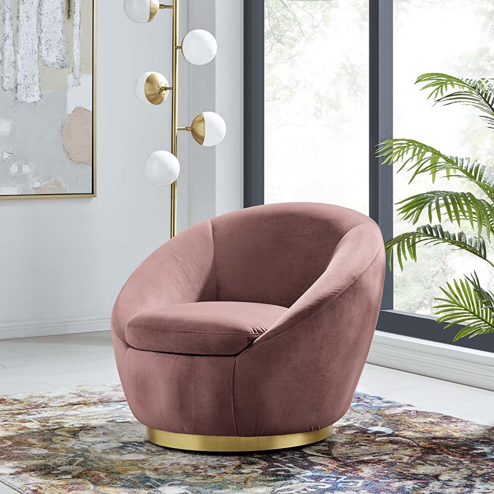 Performance velvet swivel chair in gold/ dusty rose by Modway