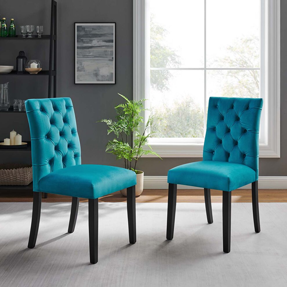 Blue finish performance velvet tufted button back dining chairs - set of 2 by Modway