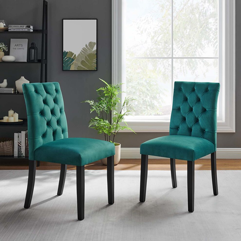 Teal finish performance velvet tufted button back dining chairs - set of 2 by Modway