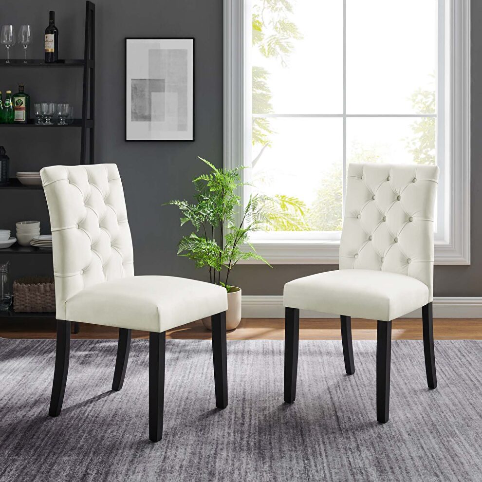 White finish performance velvet tufted button back dining chairs - set of 2 by Modway