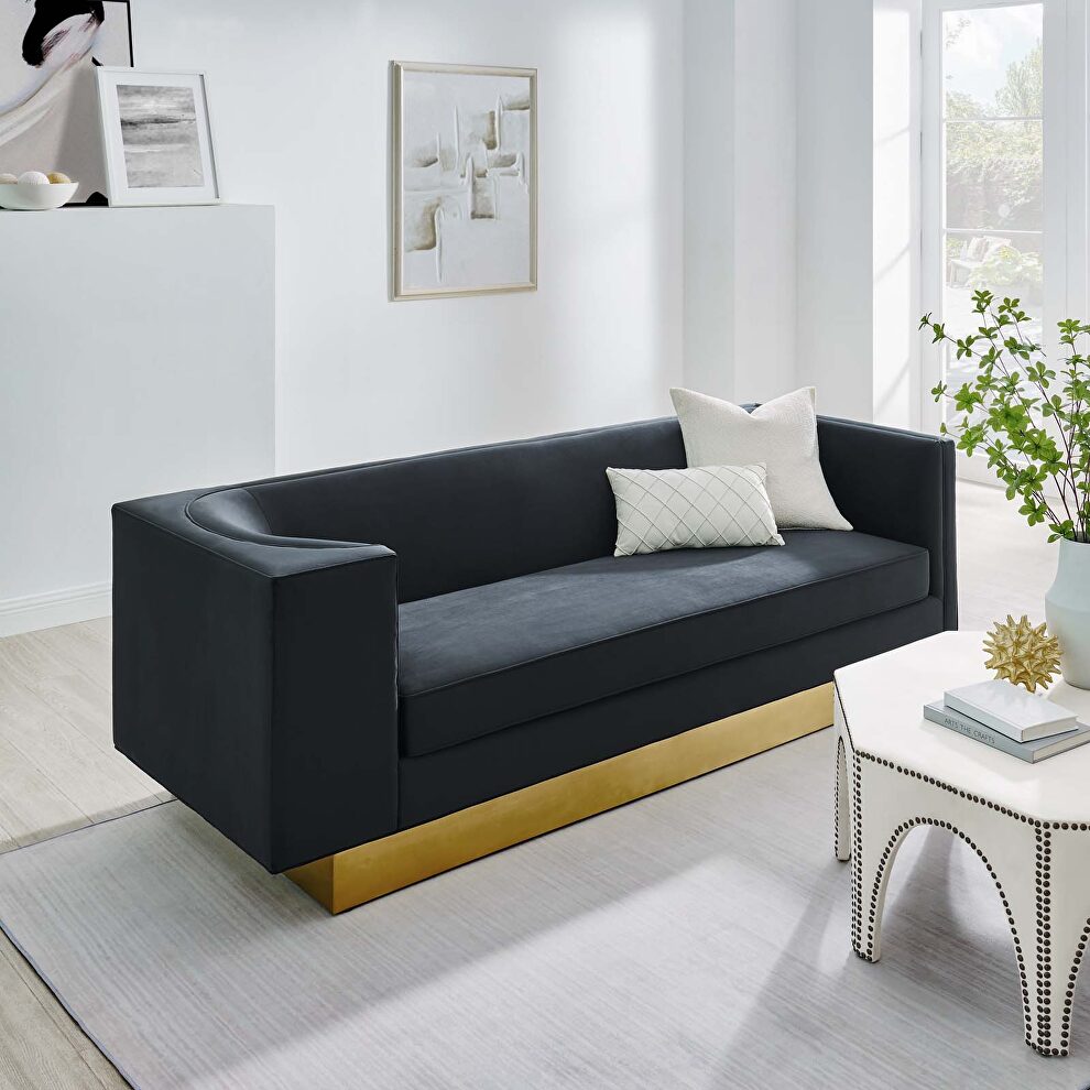 Upholstered performance velvet sofa in black finish with asymmetrical armrests by Modway