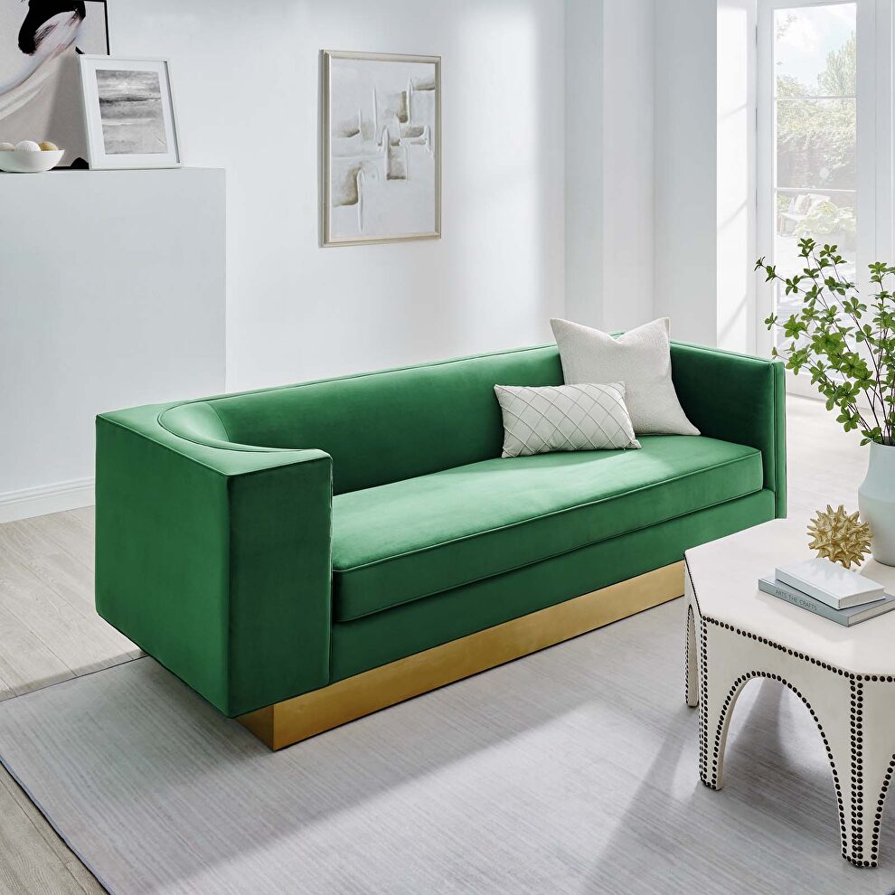 Upholstered performance velvet sofa in emerald finish with asymmetrical armrests by Modway