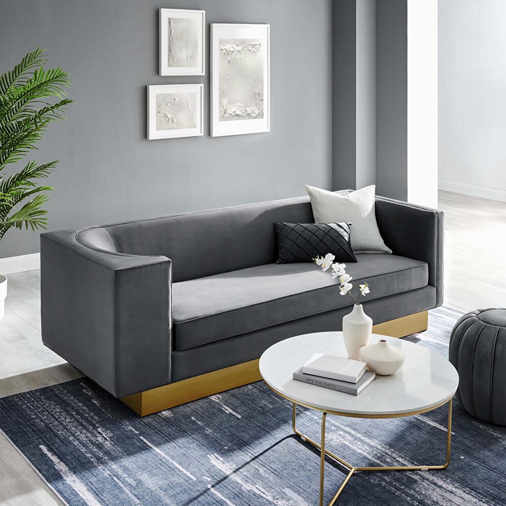 Upholstered performance velvet sofa in gray finish with asymmetrical armrests by Modway