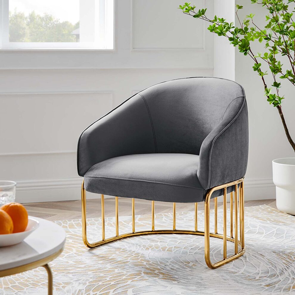 Gray performance velvet and gold-plated stainless steel base chair by Modway