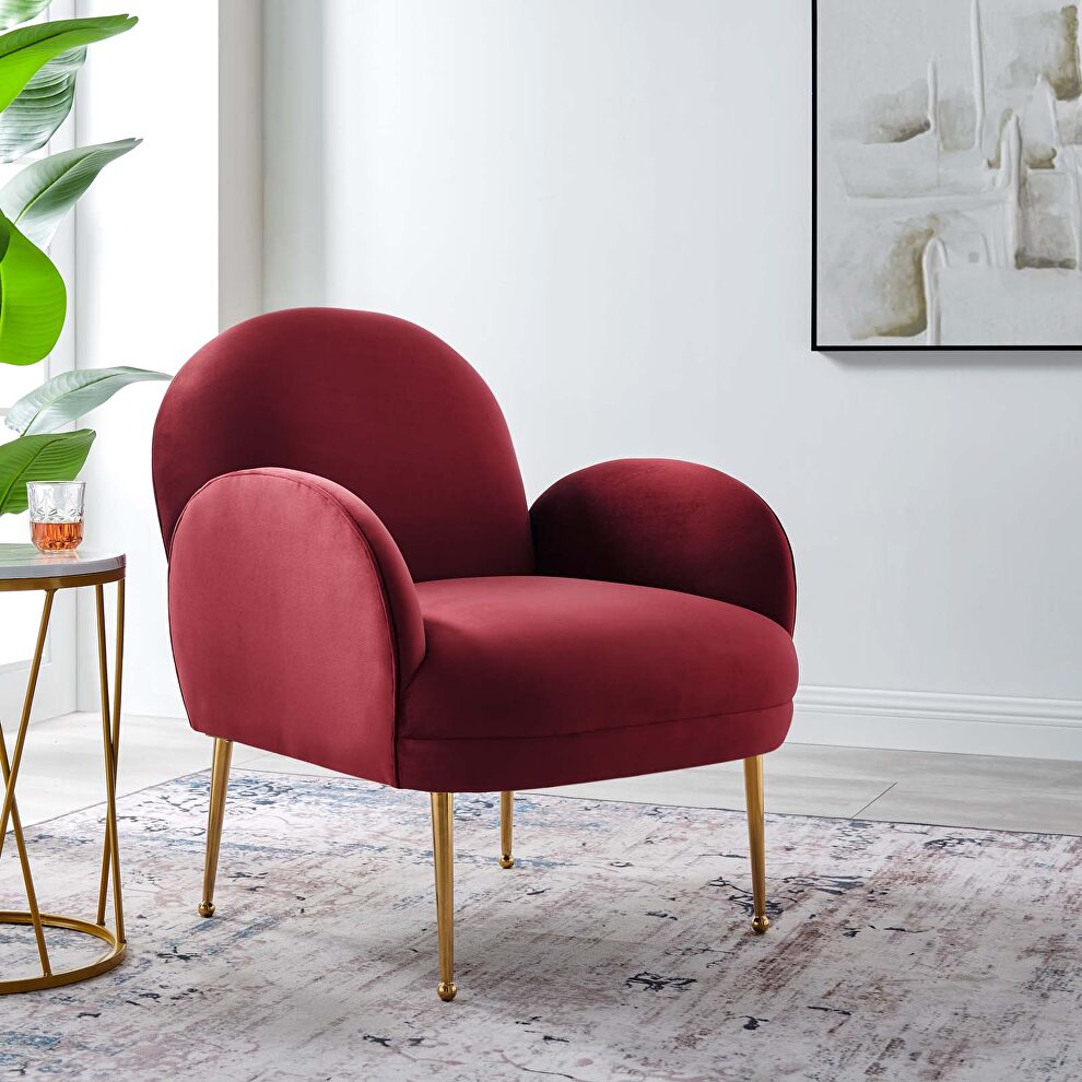 Maroon performance velvet chair with gold stainless steel legs by Modway