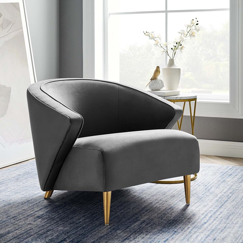 Gray performance velvet chair with brushed gold stainless steel legs by Modway