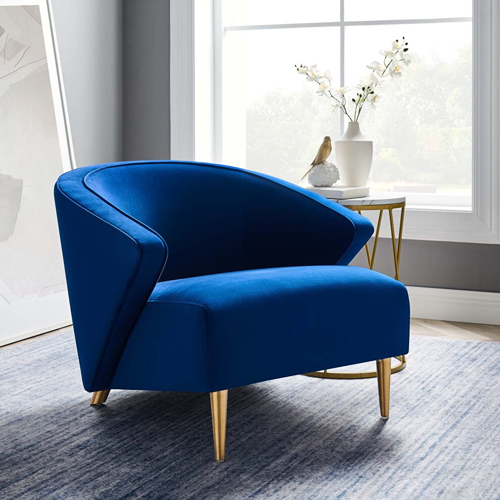 Navy performance velvet chair with brushed gold stainless steel legs by Modway