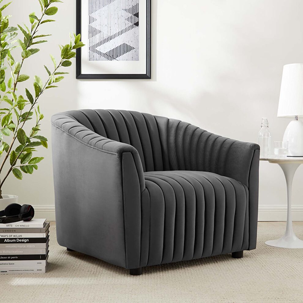 Charcoal finish performance velvet upholstery channel tufted chair by Modway