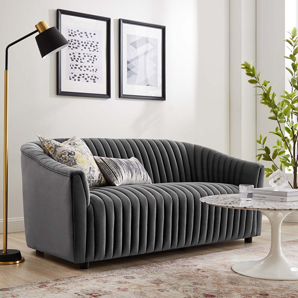 Charcoal finish performance velvet upholstery channel tufted loveseat by Modway