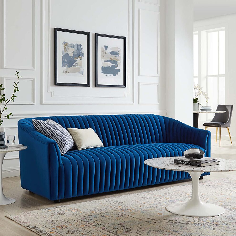 Navy finish performance velvet upholstery channel tufted sofa by Modway
