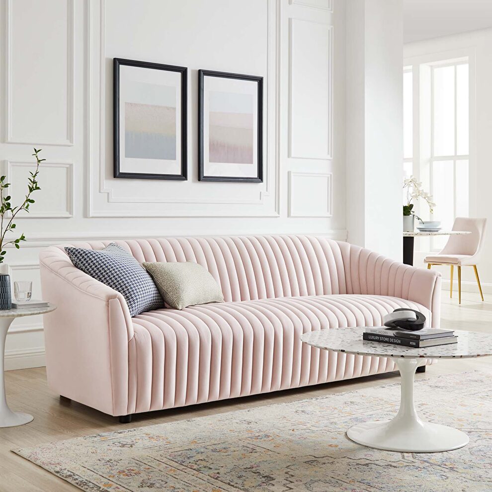 Pink finish performance velvet upholstery channel tufted sofa by Modway