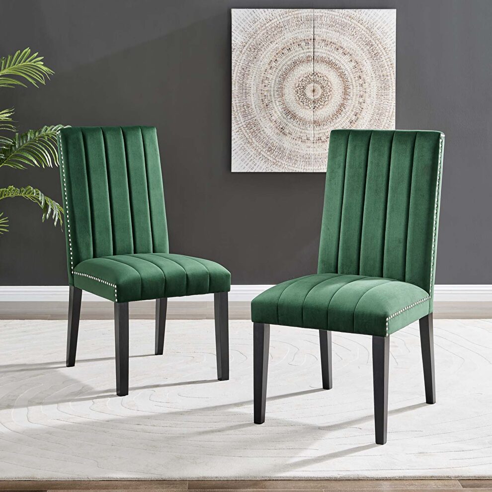 Green finish performance velvet upholstery dining side chairs/ set of 2 by Modway