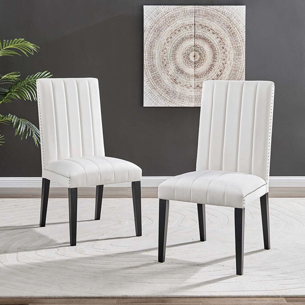 White finish performance velvet upholstery dining side chairs/ set of 2 by Modway