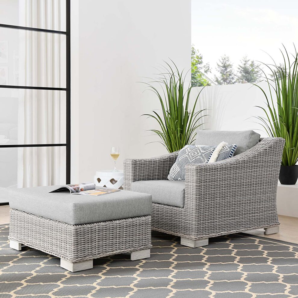 Outdoor patio wicker rattan 2-piece armchair and ottoman set in light gray/ gray by Modway
