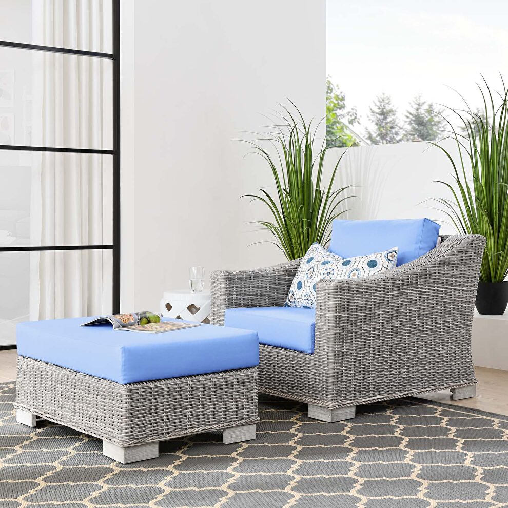 Outdoor patio wicker rattan 2-piece armchair and ottoman set in light gray/ light blue by Modway