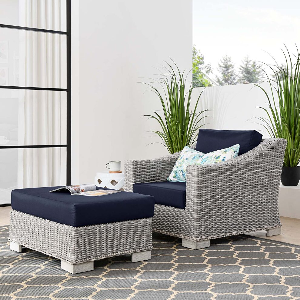 Outdoor patio wicker rattan 2-piece armchair and ottoman set in light gray/ navy by Modway
