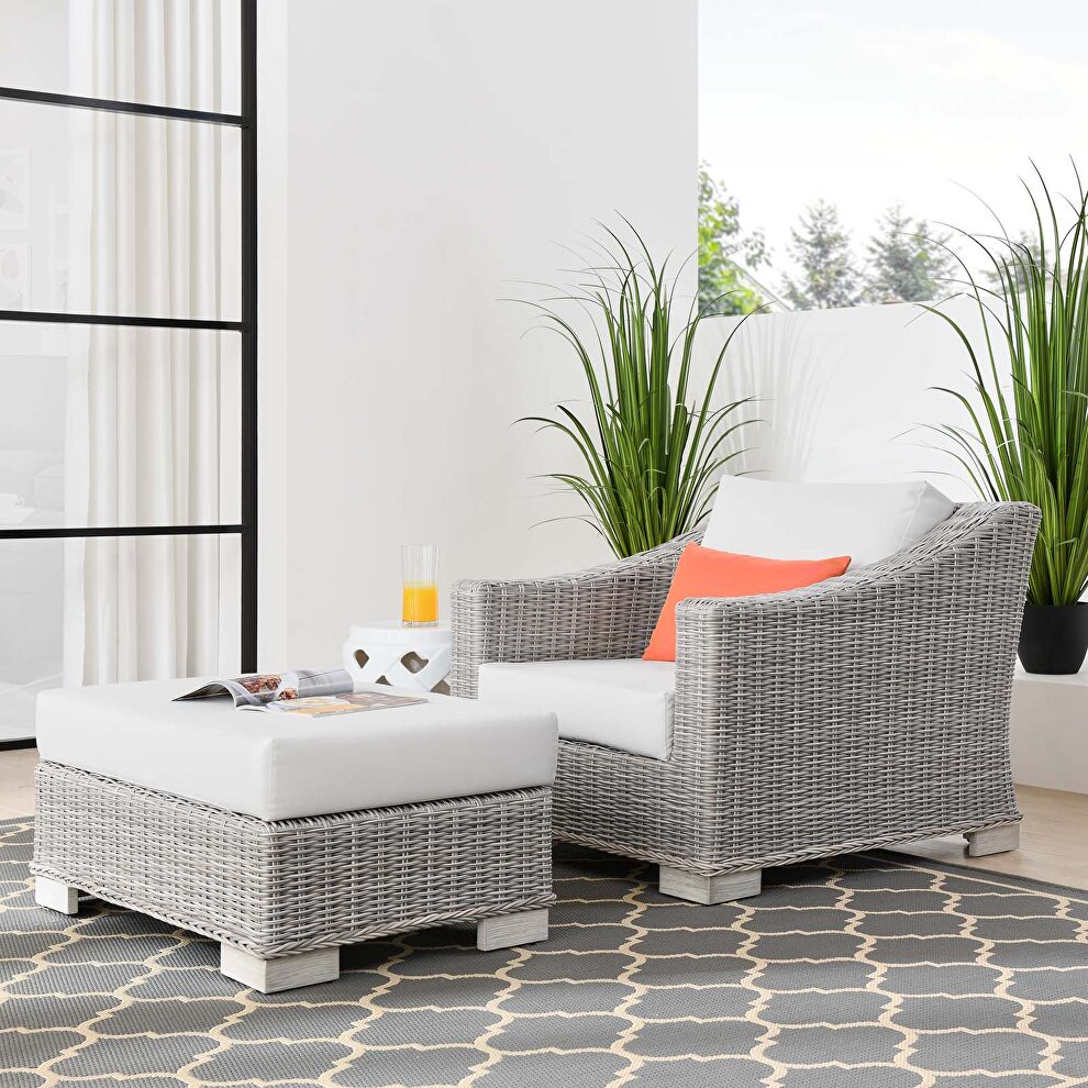 Outdoor patio wicker rattan 2-piece armchair and ottoman set in light gray/ white by Modway