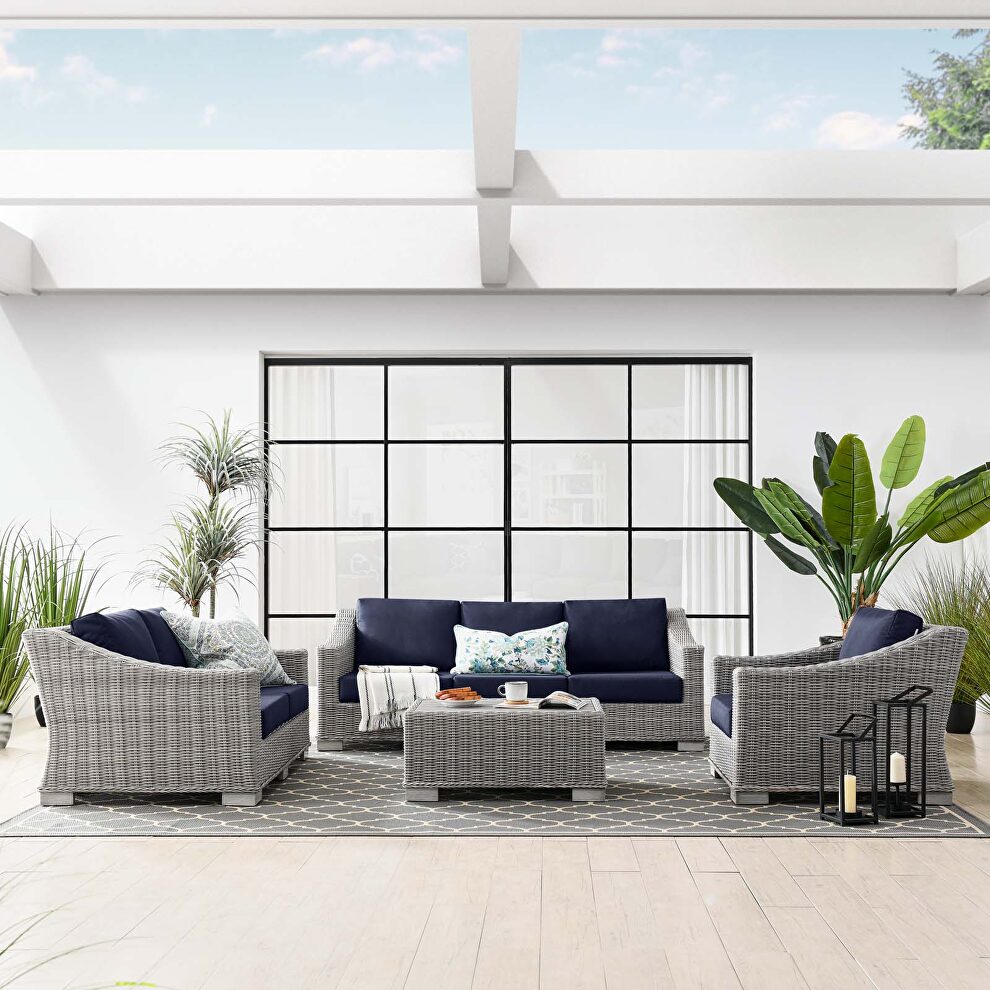 4-piece outdoor patio wicker rattan furniture set in light gray/ navy by Modway