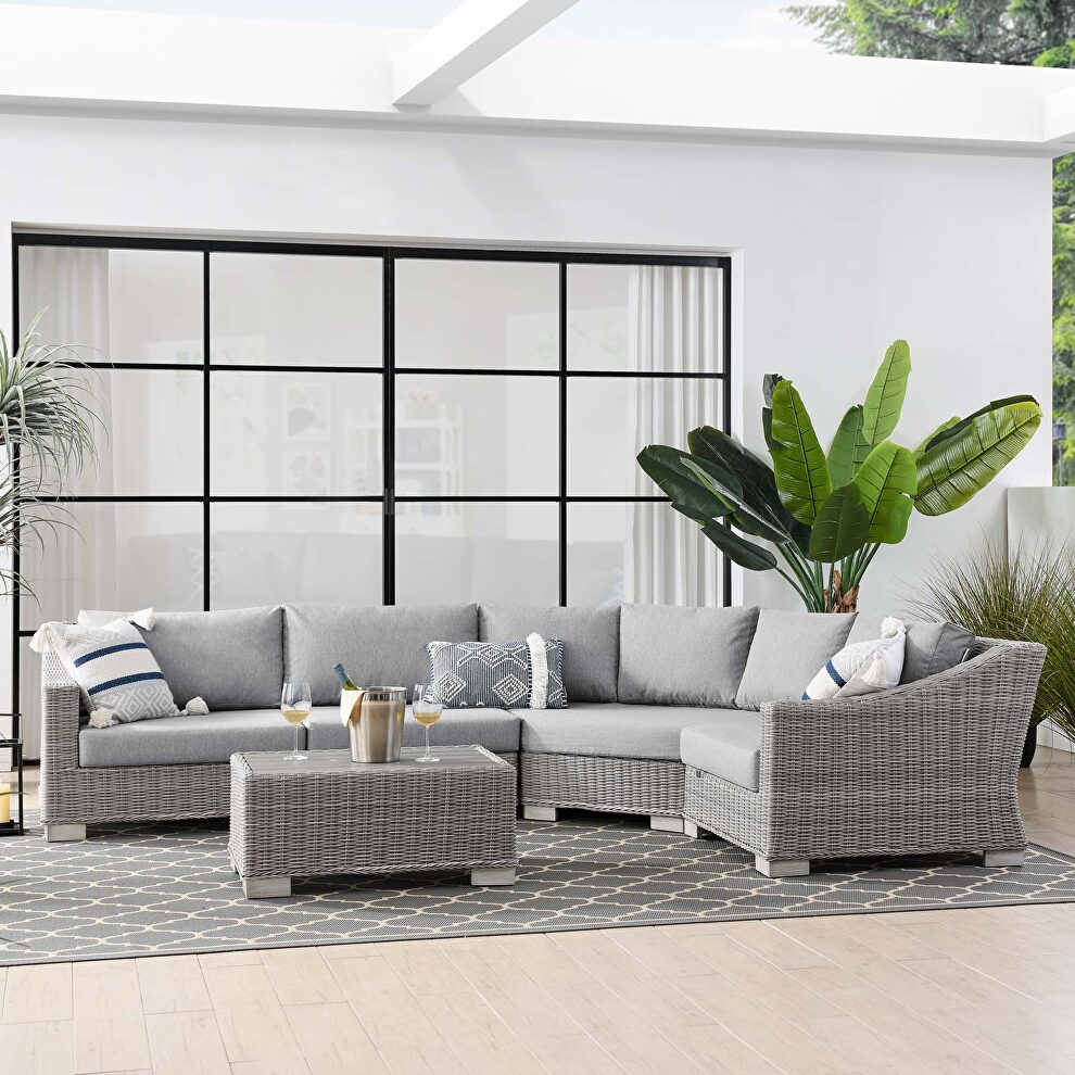 Outdoor patio wicker rattan 5-piece sectional sofa furniture set in light gray/ gray by Modway