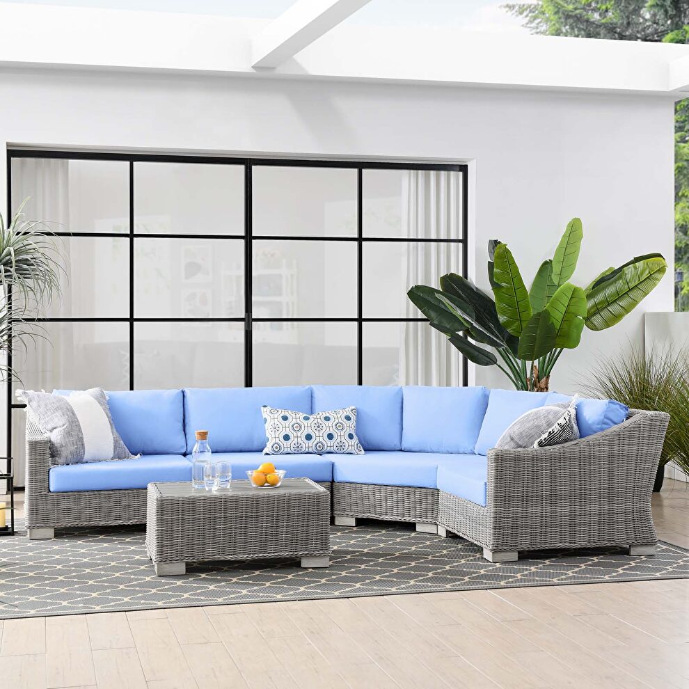 Outdoor patio wicker rattan 5-piece sectional sofa furniture set in light gray/ light blue by Modway