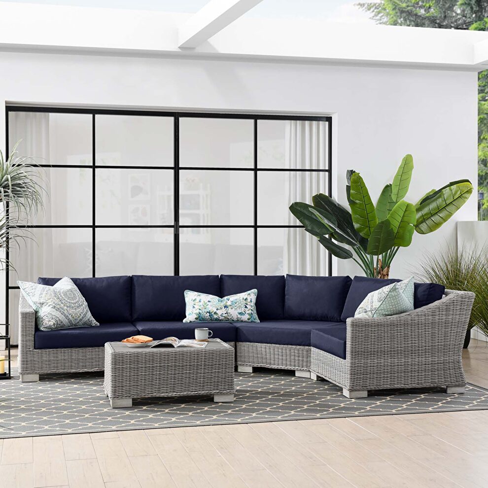 Outdoor patio wicker rattan 5-piece sectional sofa furniture set in light gray/ navy by Modway