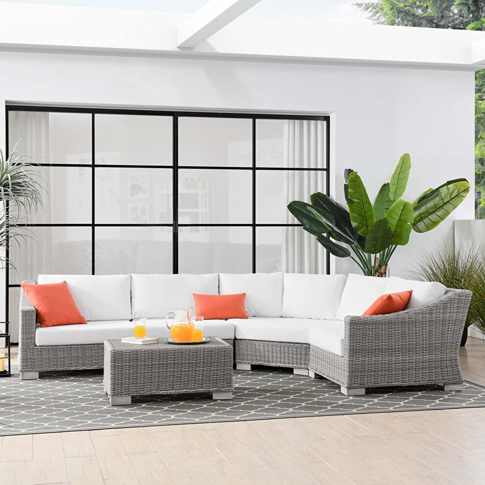 Outdoor patio wicker rattan 5-piece sectional sofa furniture set in light gray/ white by Modway