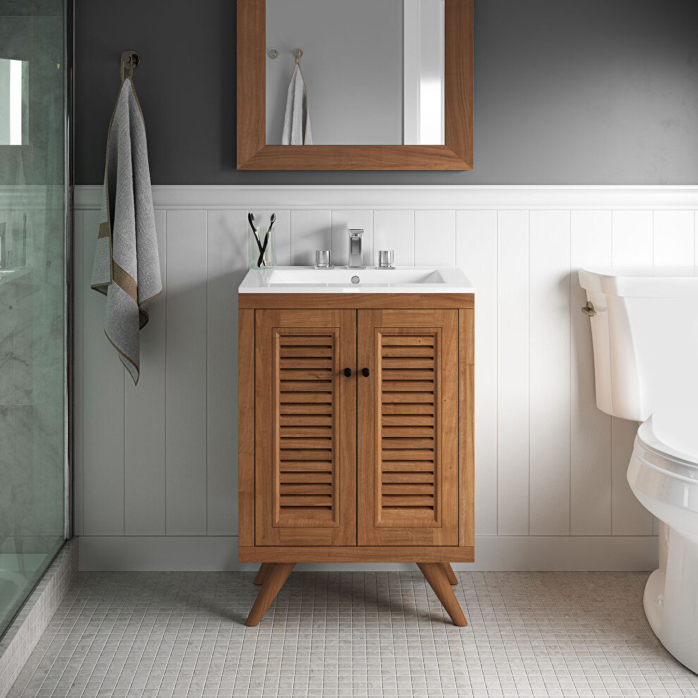 Natural finish solid teak wood bathroom vanity by Modway