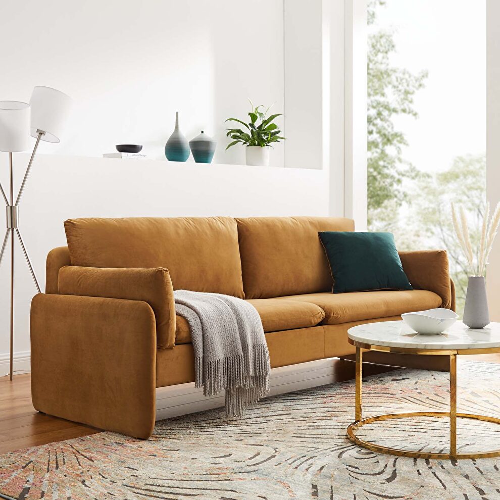 Cognac finish stain-resistant performance velvet upholstery sofa by Modway
