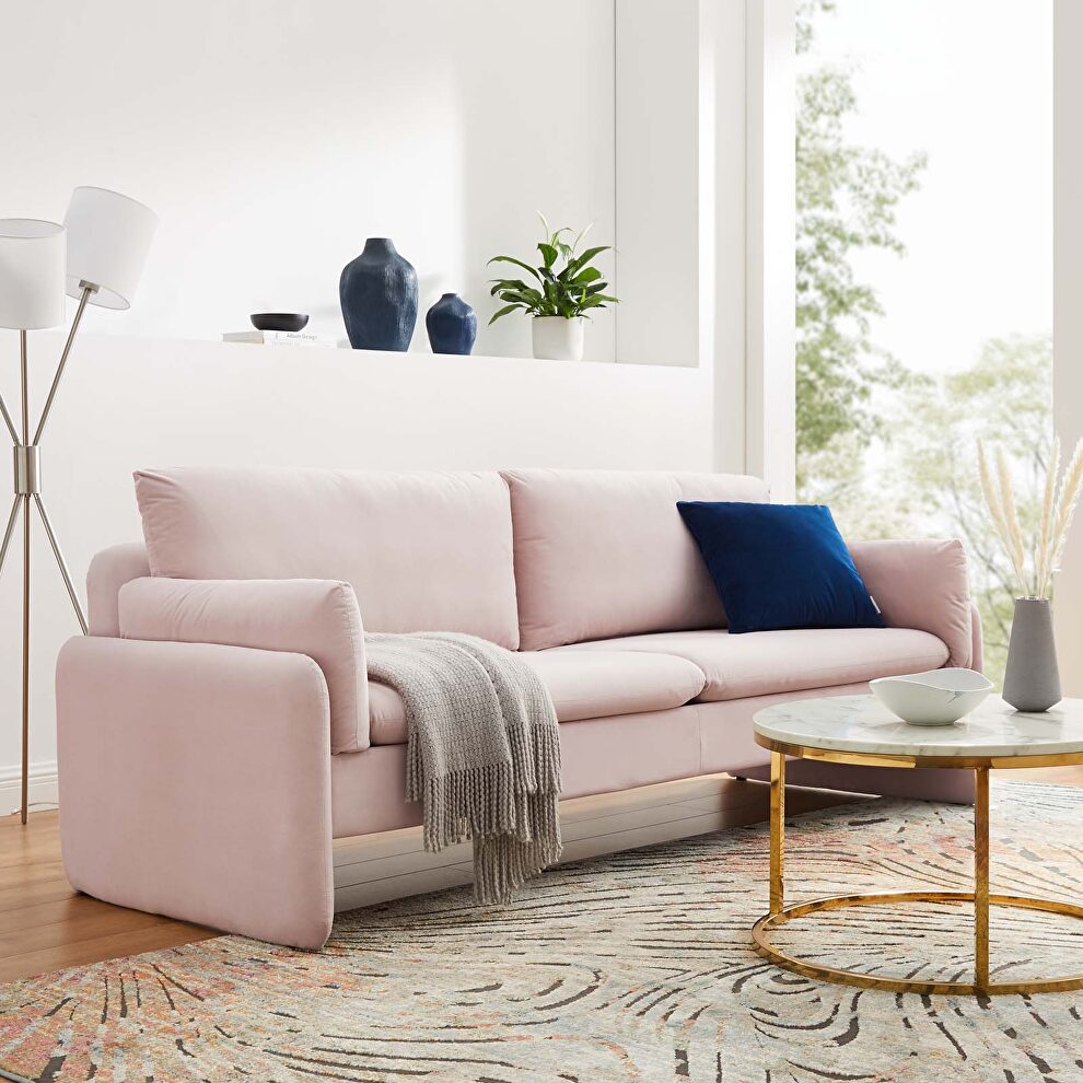 Pink finish stain-resistant performance velvet upholstery sofa by Modway