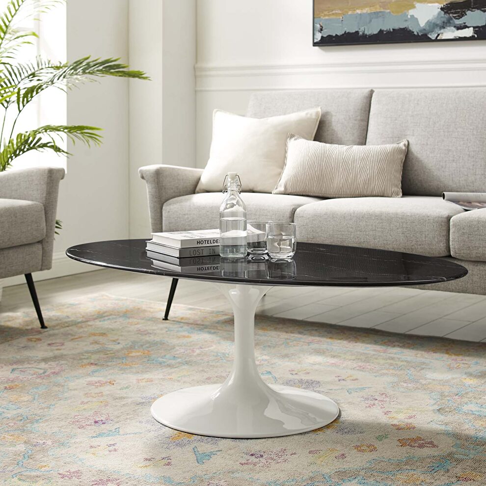 Oval artificial marble coffee table in white black by Modway