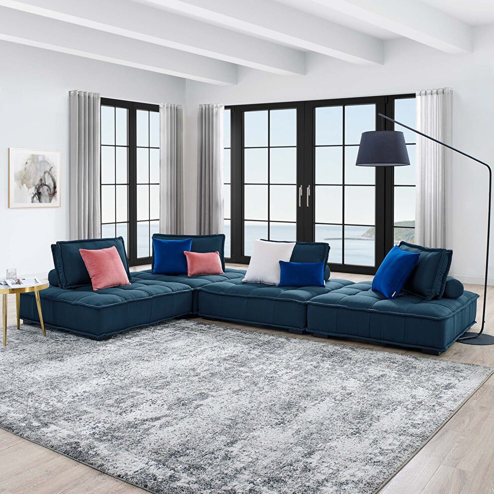 Tufted fabric upholstery modular design 4-piece sofa in azure finish by Modway