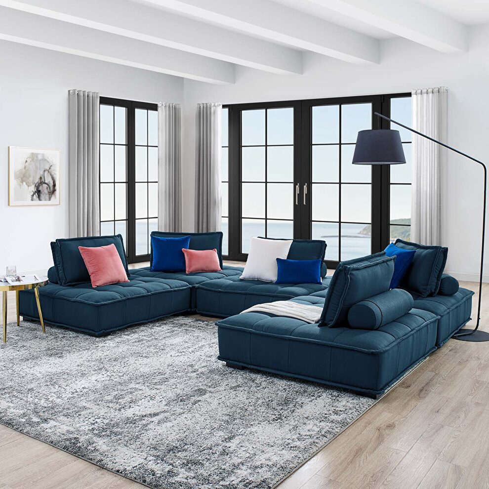 Tufted fabric upholstery modular design 5-piece sofa in azure finish by Modway