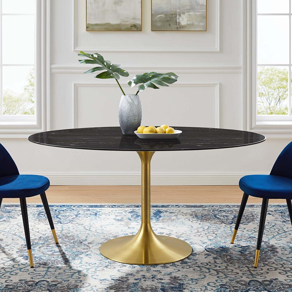 Oval artificial marble dining table in gold black by Modway