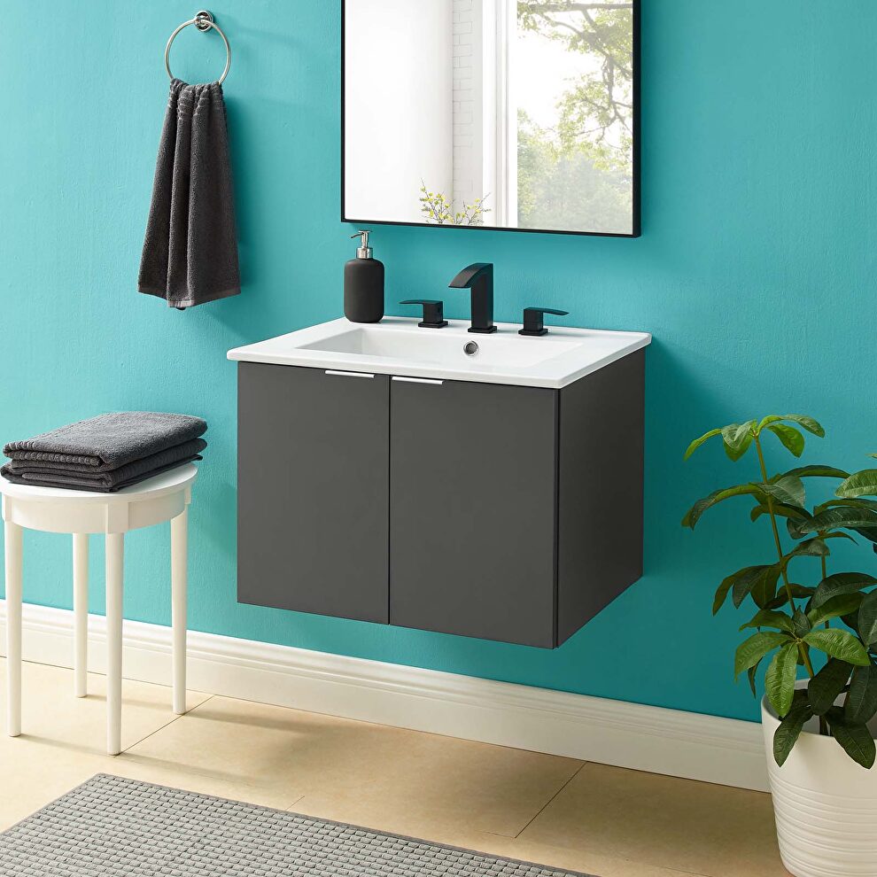 Wall-mount bathroom vanity in gray white by Modway