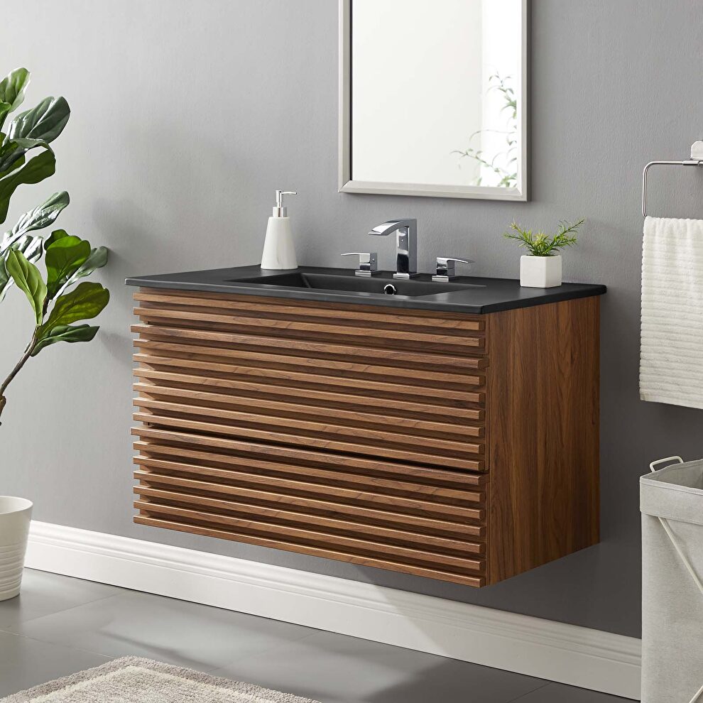 Wall-mount bathroom walnut vanity w/ black sink basin by Modway