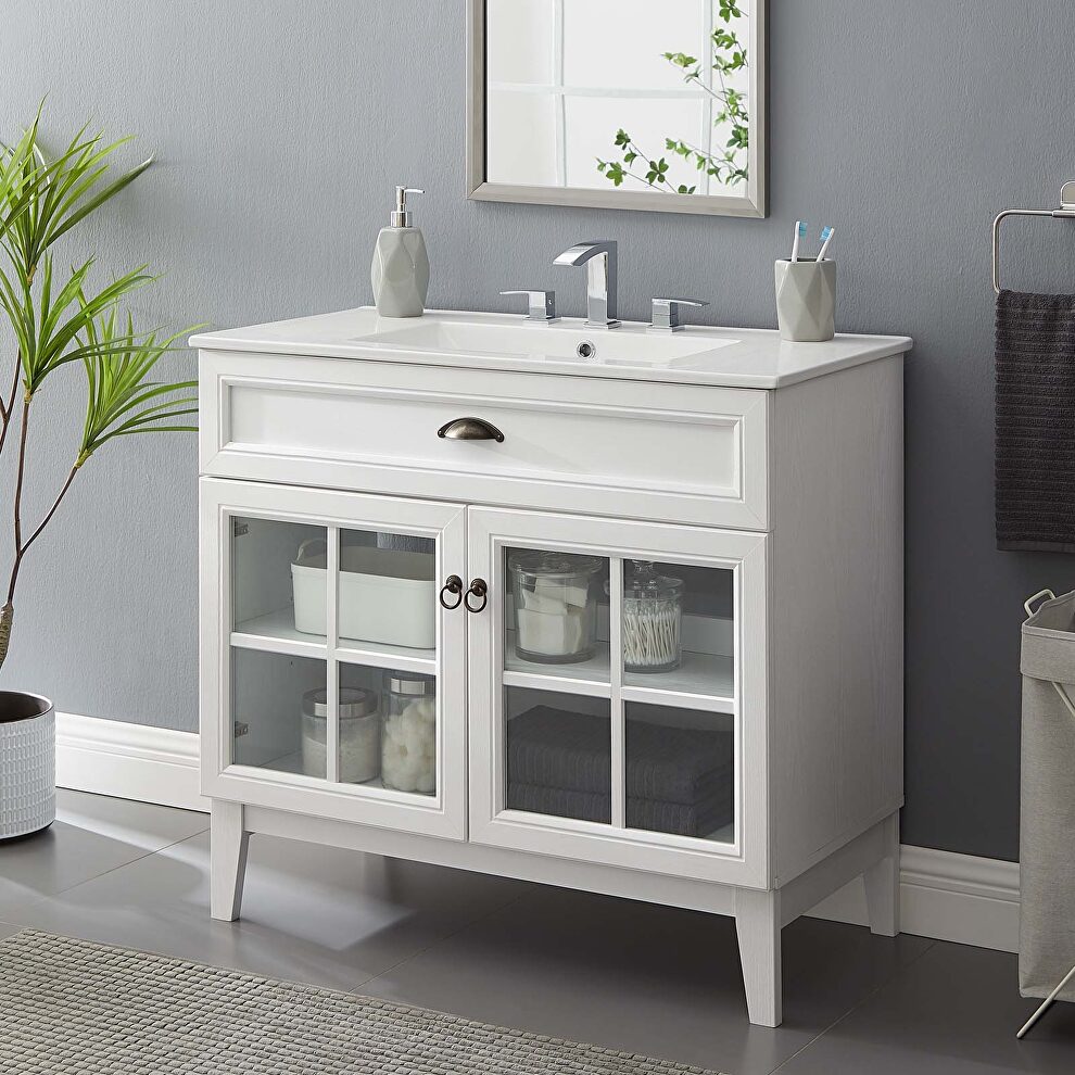 Bathroom vanity cabinet in white w/ ceramic sink basin by Modway